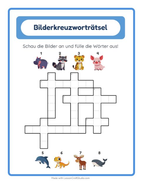 Vorschau: Kreuzworträtsel-Arbeitsblatt für 2. Klasse