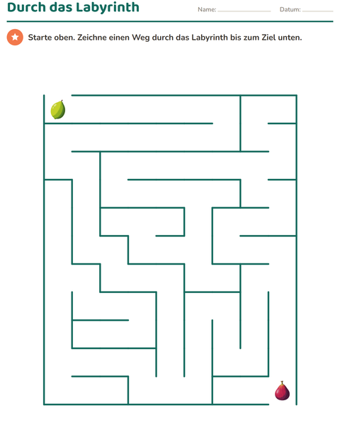 Vorschau: Labyrinthe-Arbeitsblatt mit Früchte für Kindergarten