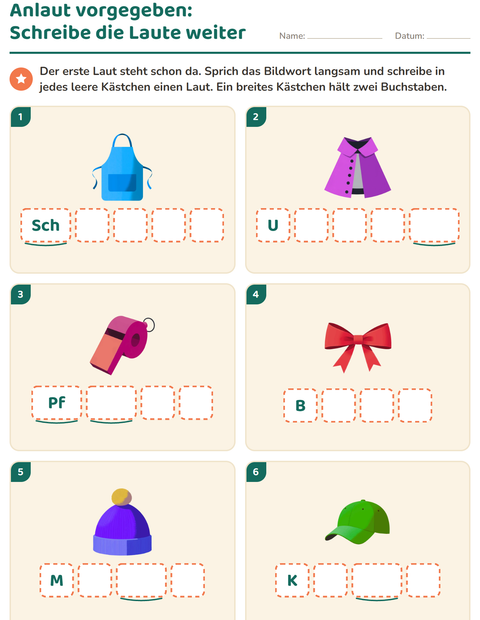 Vorschau: Laute hören und schreiben-Arbeitsblatt mit Accessoires für Kindergarten