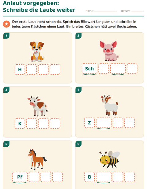 Vorschau: Laute hören und schreiben-Arbeitsblatt mit Bauernhoftiere für Kindergarten