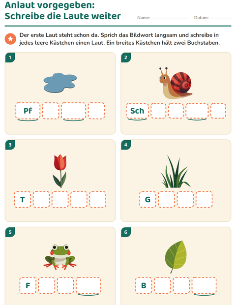 Vorschau: Laute hören und schreiben-Arbeitsblatt mit Frühling für Kindergarten