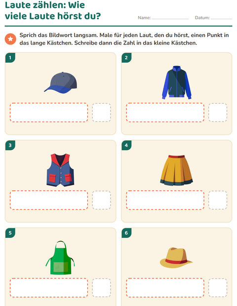 Vorschau: Laute hören und schreiben-Arbeitsblatt mit Kleidung für Kindergarten