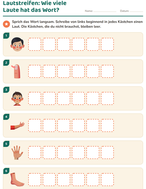 Vorschau: Laute hören und schreiben-Arbeitsblatt mit Körperteile für 1. Klasse