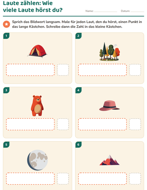 Vorschau: Laute hören und schreiben-Arbeitsblatt mit Camping für Kindergarten