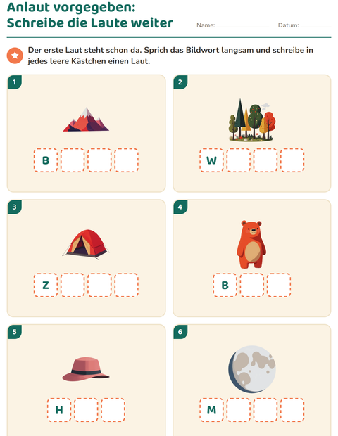 Vorschau: Laute hören und schreiben-Arbeitsblatt mit Camping für Kindergarten