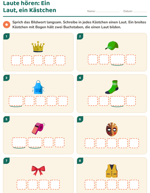 Vorschau: Laute hören und schreiben-Arbeitsblatt mit Accessoires für Kindergarten