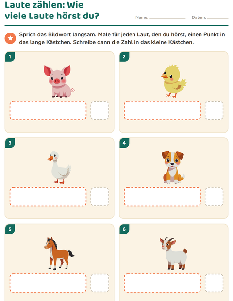 Vorschau: Laute hören und schreiben-Arbeitsblatt mit Bauernhoftiere für Kindergarten