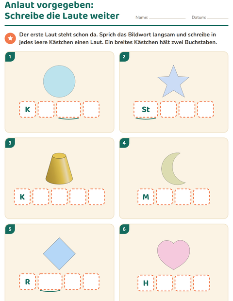 Vorschau: Laute hören und schreiben-Arbeitsblatt mit Formen für Kindergarten