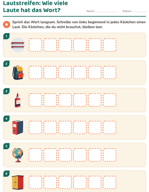 Vorschau: Laute hören und schreiben-Arbeitsblatt mit Klassenzimmer für 1. Klasse
