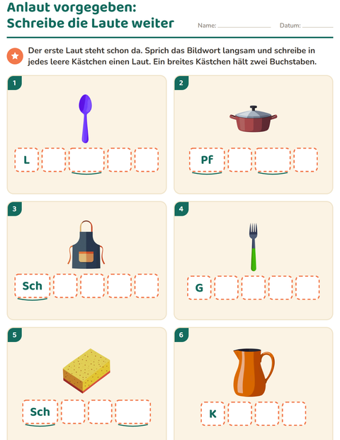 Vorschau: Laute hören und schreiben-Arbeitsblatt mit Küchenwerkzeuge für Kindergarten