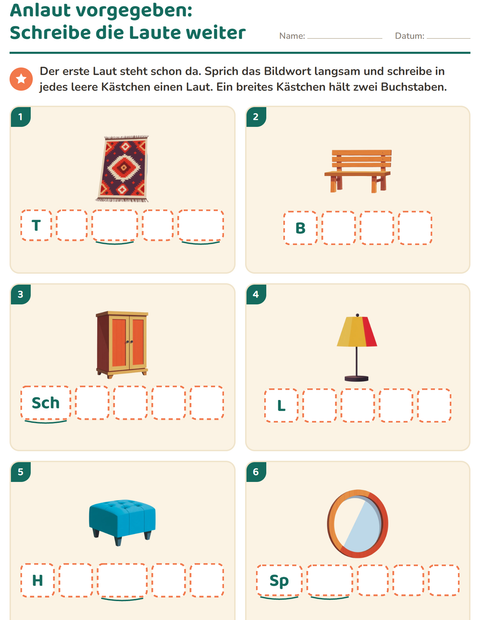 Vorschau: Laute hören und schreiben-Arbeitsblatt mit Möbel für Kindergarten
