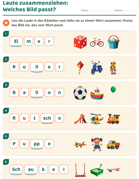 Vorschau: Laute hören und schreiben-Arbeitsblatt mit Spielzeug für 1. Klasse