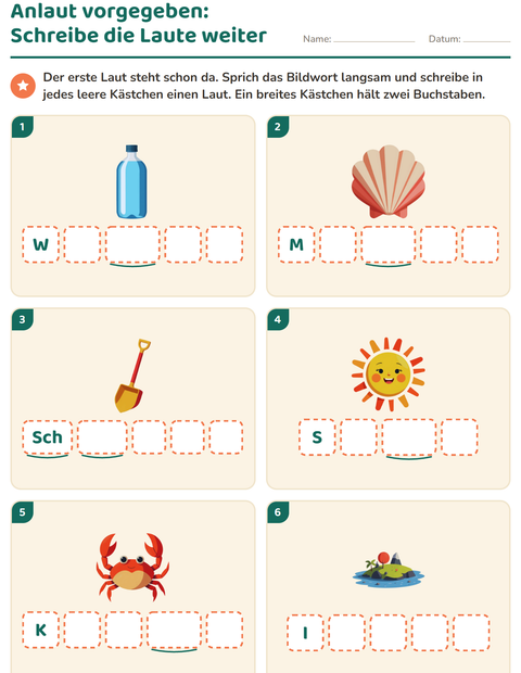 Vorschau: Laute hören und schreiben-Arbeitsblatt mit Strand für Kindergarten