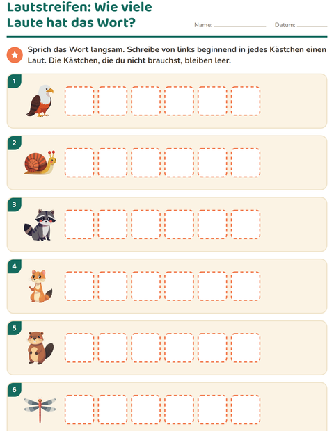 Vorschau: Laute hören und schreiben-Arbeitsblatt mit Waldtiere für 1. Klasse