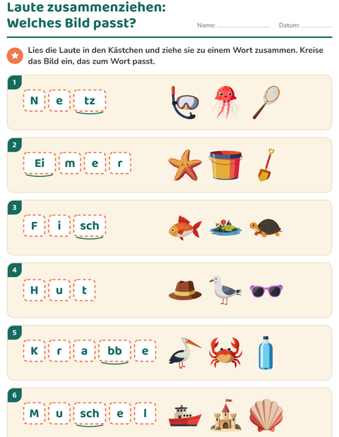 Vorschau: Laute hören und schreiben-Arbeitsblatt mit Strand für 1. Klasse