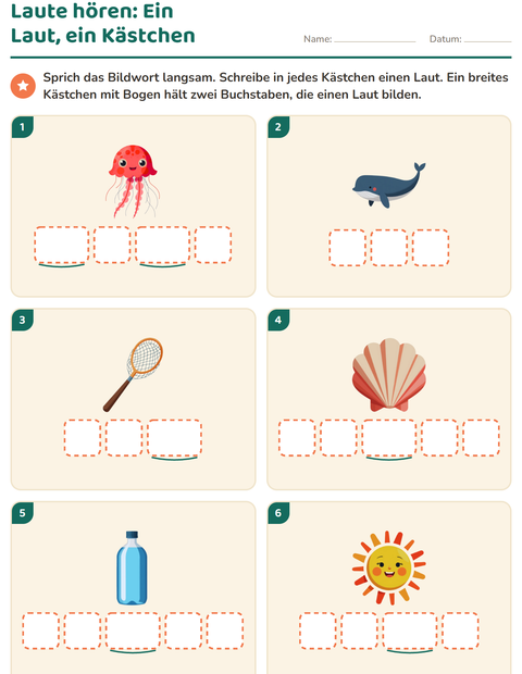 Vorschau: Laute hören und schreiben-Arbeitsblatt mit Strand für Kindergarten
