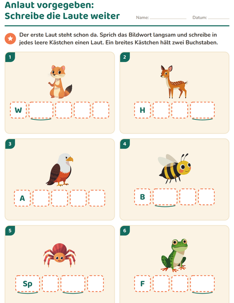 Vorschau: Laute hören und schreiben-Arbeitsblatt mit Waldtiere für Kindergarten