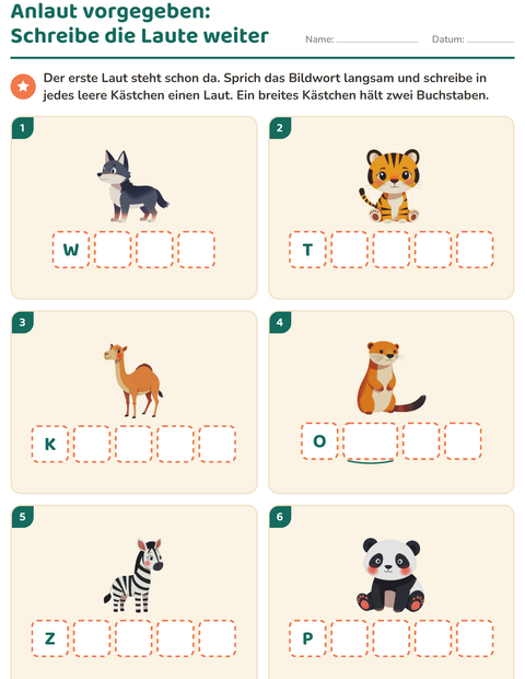 Vorschau: Laute hören und schreiben-Arbeitsblatt mit Zootiere für Kindergarten
