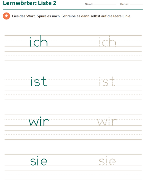 Lernwörter Liste 2 – ich, ist, wir, sie