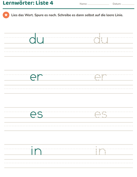 Lernwörter Liste 4 – du, er, es, in