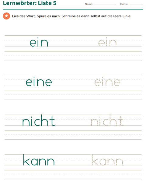 Lernwörter Liste 5 – ein, eine, nicht, kann