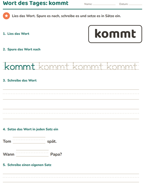 Vorschau: Lernwörter-Arbeitsblatt für Kindergarten