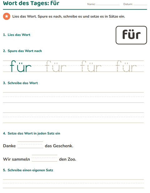 Vorschau: Lernwörter-Arbeitsblatt für Kindergarten