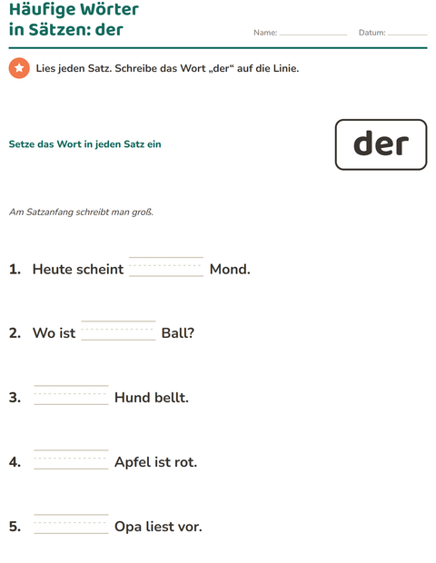 Vorschau: Lernwörter-Arbeitsblatt für Kindergarten