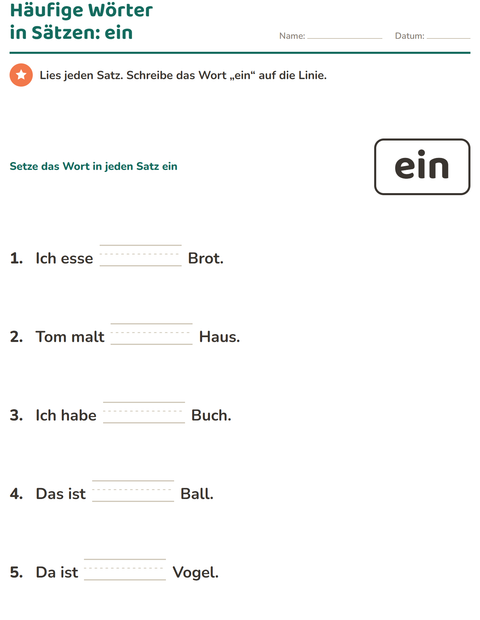 Vorschau: Lernwörter-Arbeitsblatt für Kindergarten
