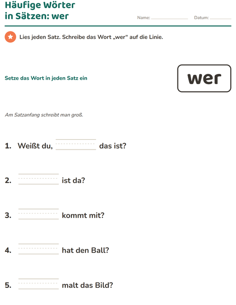 Vorschau: Lernwörter-Arbeitsblatt für Kindergarten