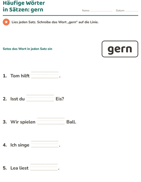 Vorschau: Lernwörter-Arbeitsblatt für Kindergarten