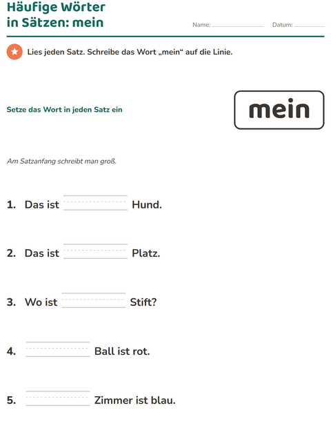 Vorschau: Lernwörter-Arbeitsblatt für Kindergarten