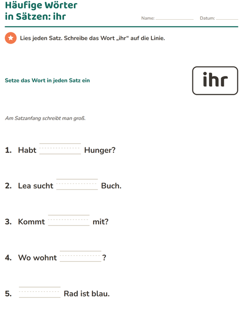 Vorschau: Lernwörter-Arbeitsblatt für Kindergarten