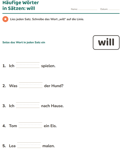 Vorschau: Lernwörter-Arbeitsblatt für Kindergarten