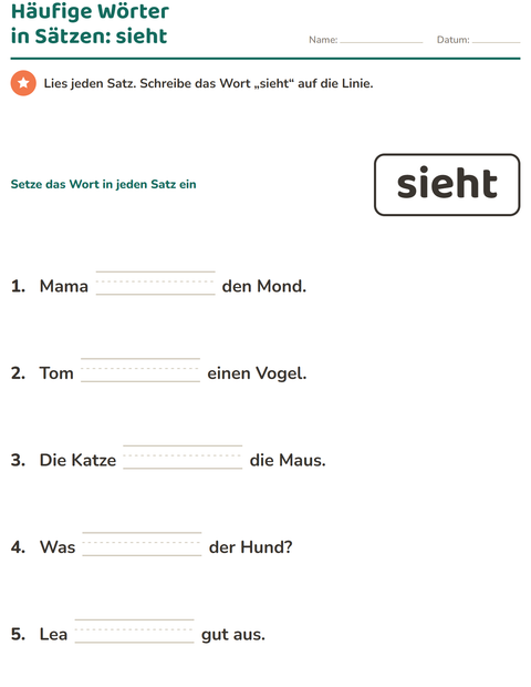 Vorschau: Lernwörter-Arbeitsblatt für Kindergarten