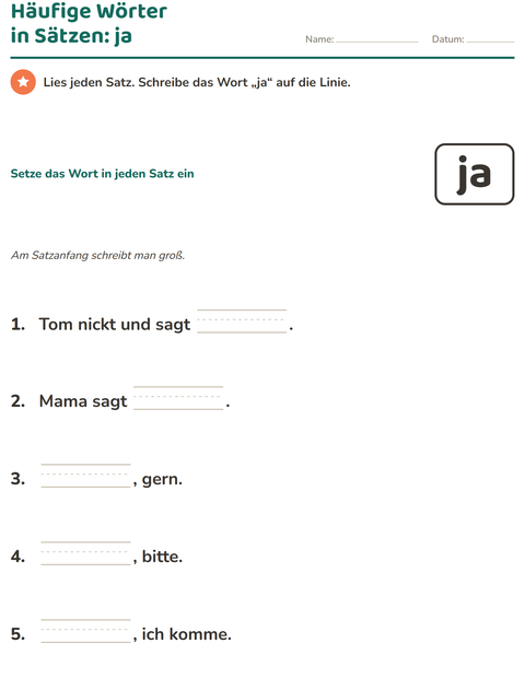 Vorschau: Lernwörter-Arbeitsblatt für Kindergarten