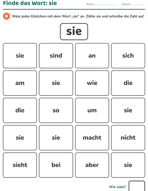 Vorschau: Lernwörter-Arbeitsblatt für Kindergarten