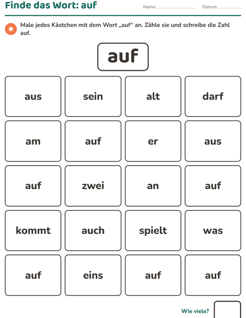 Vorschau: Lernwörter-Arbeitsblatt für Kindergarten