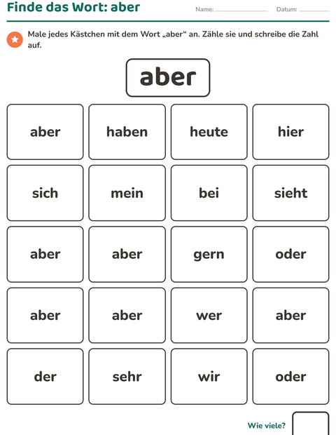 Vorschau: Lernwörter-Arbeitsblatt für Kindergarten