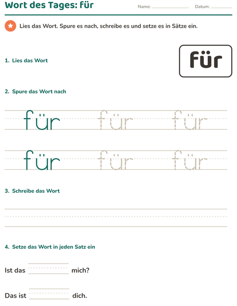 Vorschau: Lernwörter-Arbeitsblatt für Kindergarten