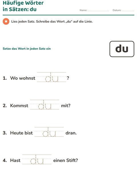 Vorschau: Lernwörter-Arbeitsblatt für Kindergarten