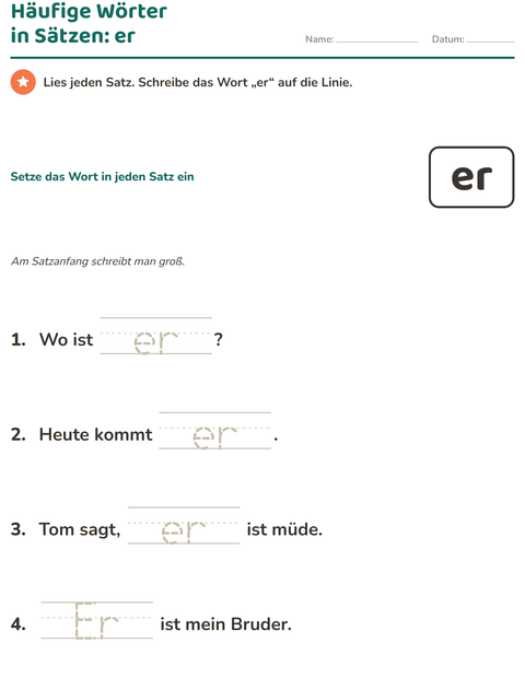 Vorschau: Lernwörter-Arbeitsblatt für Kindergarten