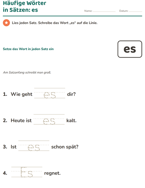 Vorschau: Lernwörter-Arbeitsblatt für Kindergarten