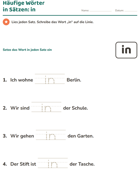 Vorschau: Lernwörter-Arbeitsblatt für Kindergarten