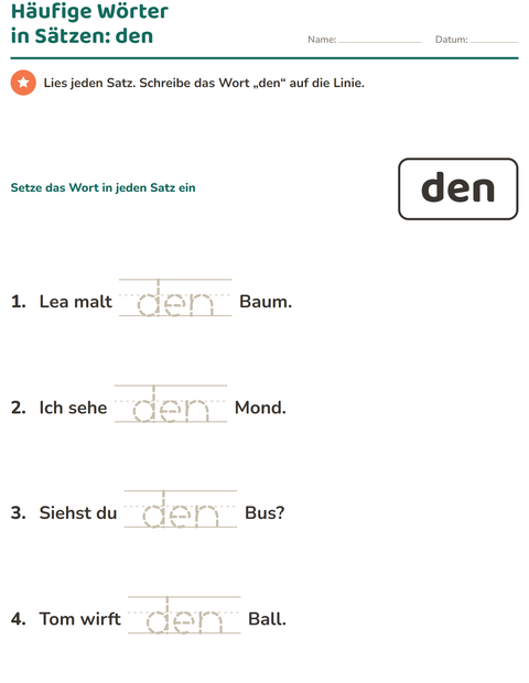 Vorschau: Lernwörter-Arbeitsblatt für Kindergarten