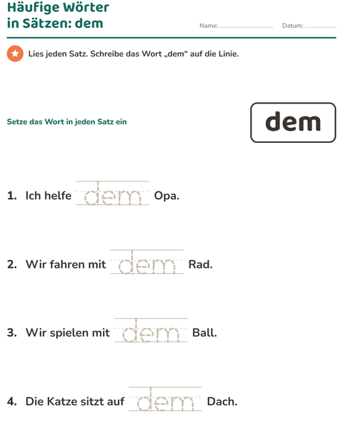 Vorschau: Lernwörter-Arbeitsblatt für Kindergarten