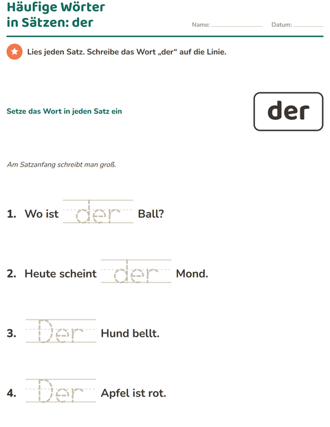 Vorschau: Lernwörter-Arbeitsblatt für Kindergarten