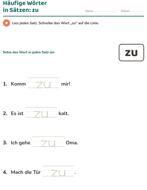 Vorschau: Lernwörter-Arbeitsblatt für Kindergarten