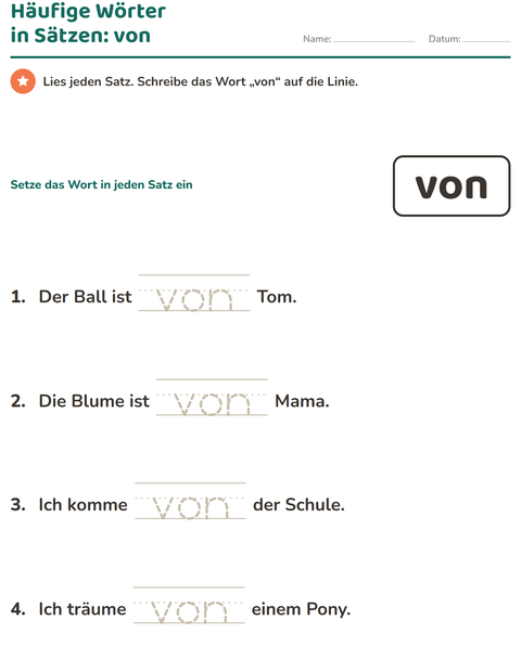 Vorschau: Lernwörter-Arbeitsblatt für Kindergarten