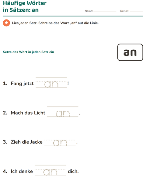 Vorschau: Lernwörter-Arbeitsblatt für Kindergarten
